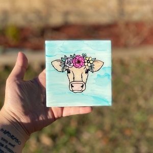 Blonde Cow with Floral Headband Ceramic Tile Decor - Farmhouse Decor